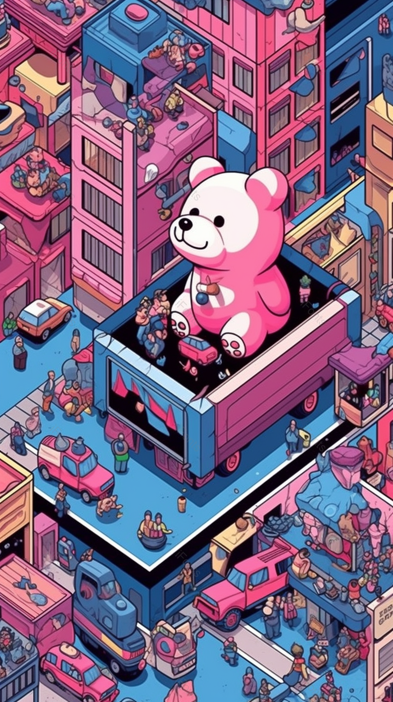 大车影院顶上玩具小熊楼房房屋城市六一儿童节背景粉色插画,插画/手绘图,插画/手绘图库,插画/手绘图下载,插画/手绘